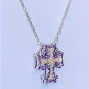 925 Silver cross handmade enamel purple cz necklace
